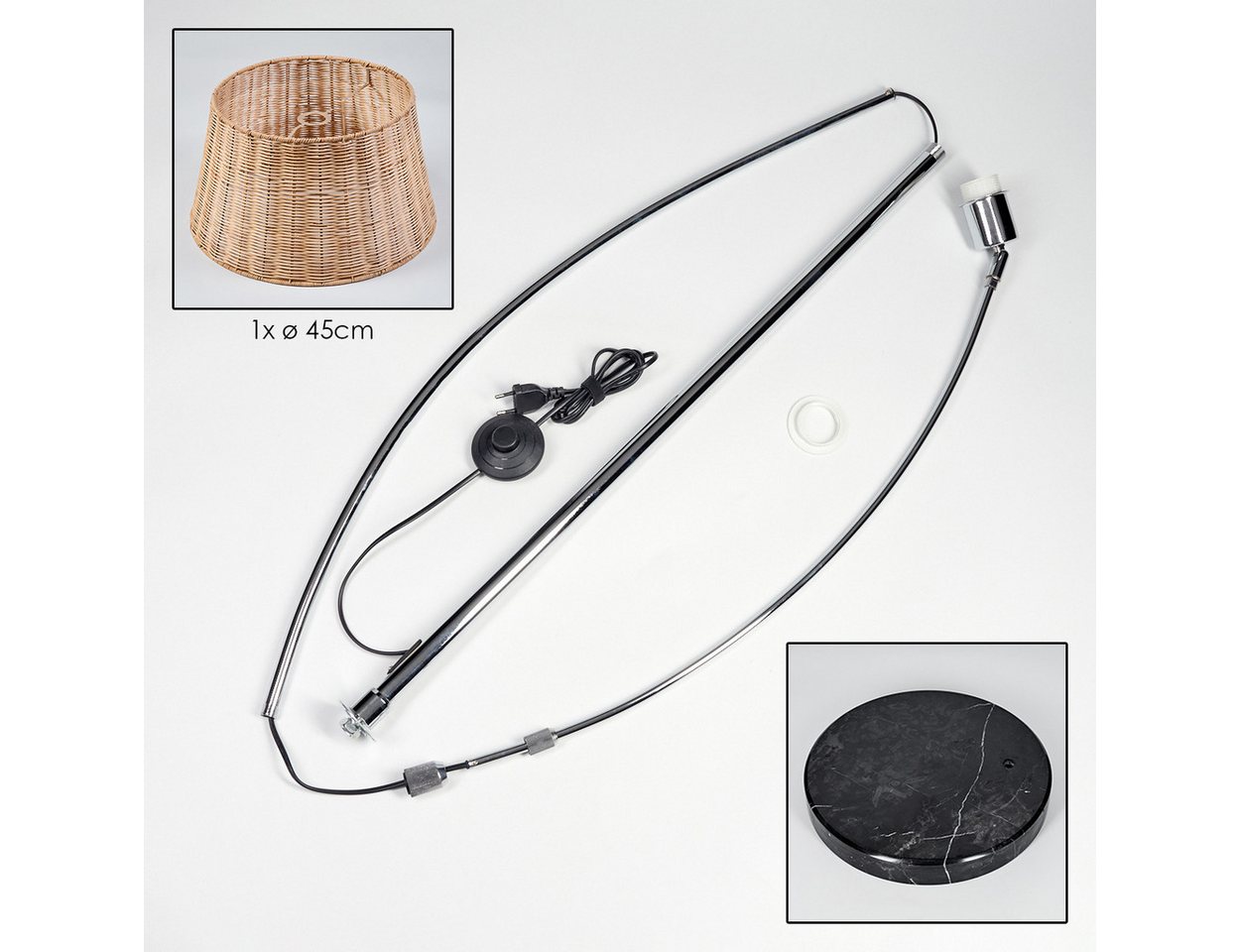 hofstein Bogenlampe Stehlampe aus Metall/Rattan in Schwarz/Chrom/Natur, Stehleuchte im Boho-Design mit Marmorfuß u. Fußschalter (45 cm), E27 Bild 2