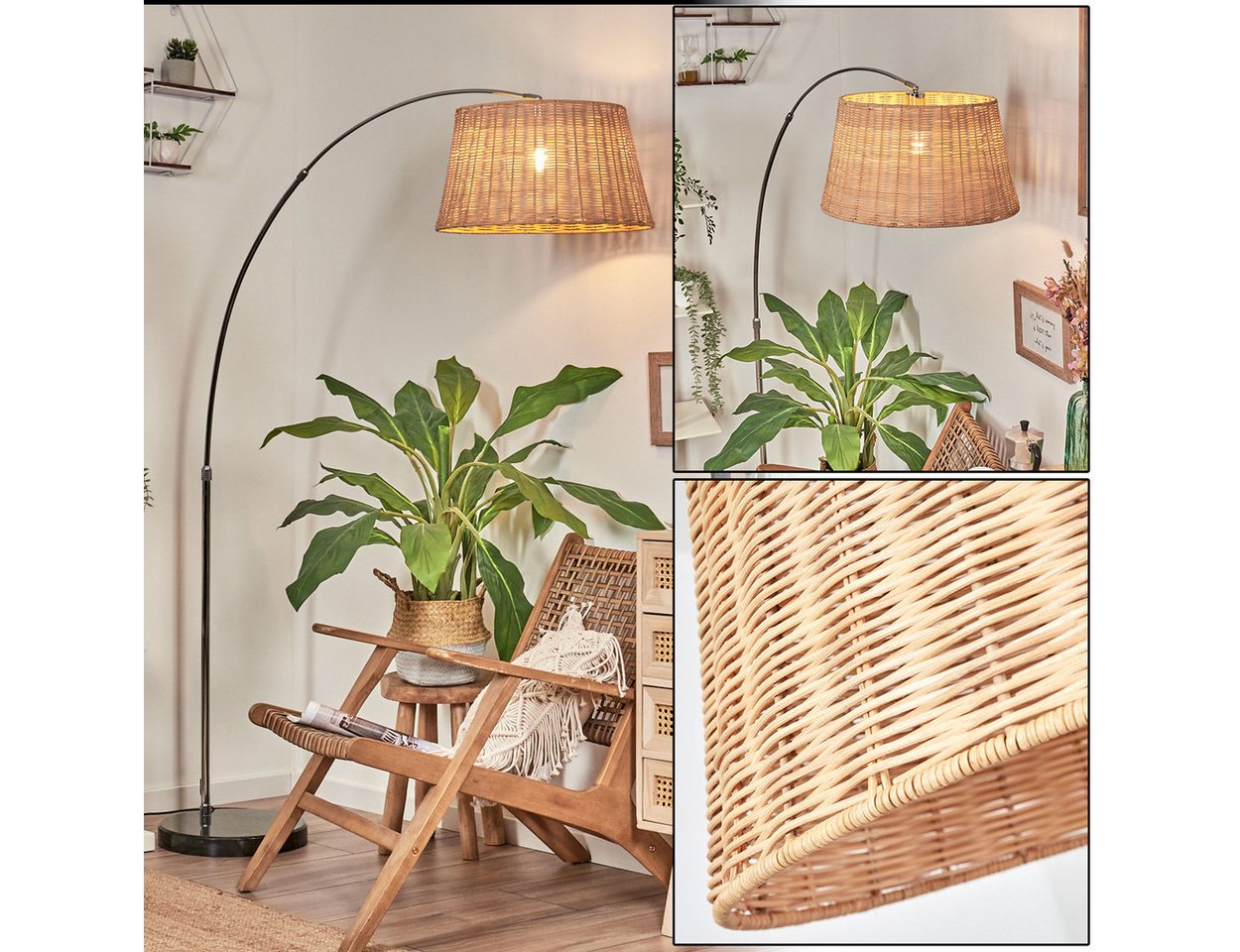 hofstein Bogenlampe Stehlampe aus Metall/Rattan in Schwarz/Chrom/Natur, Stehleuchte im Boho-Design mit Marmorfuß u. Fußschalter (45 cm), E27 Bild 4