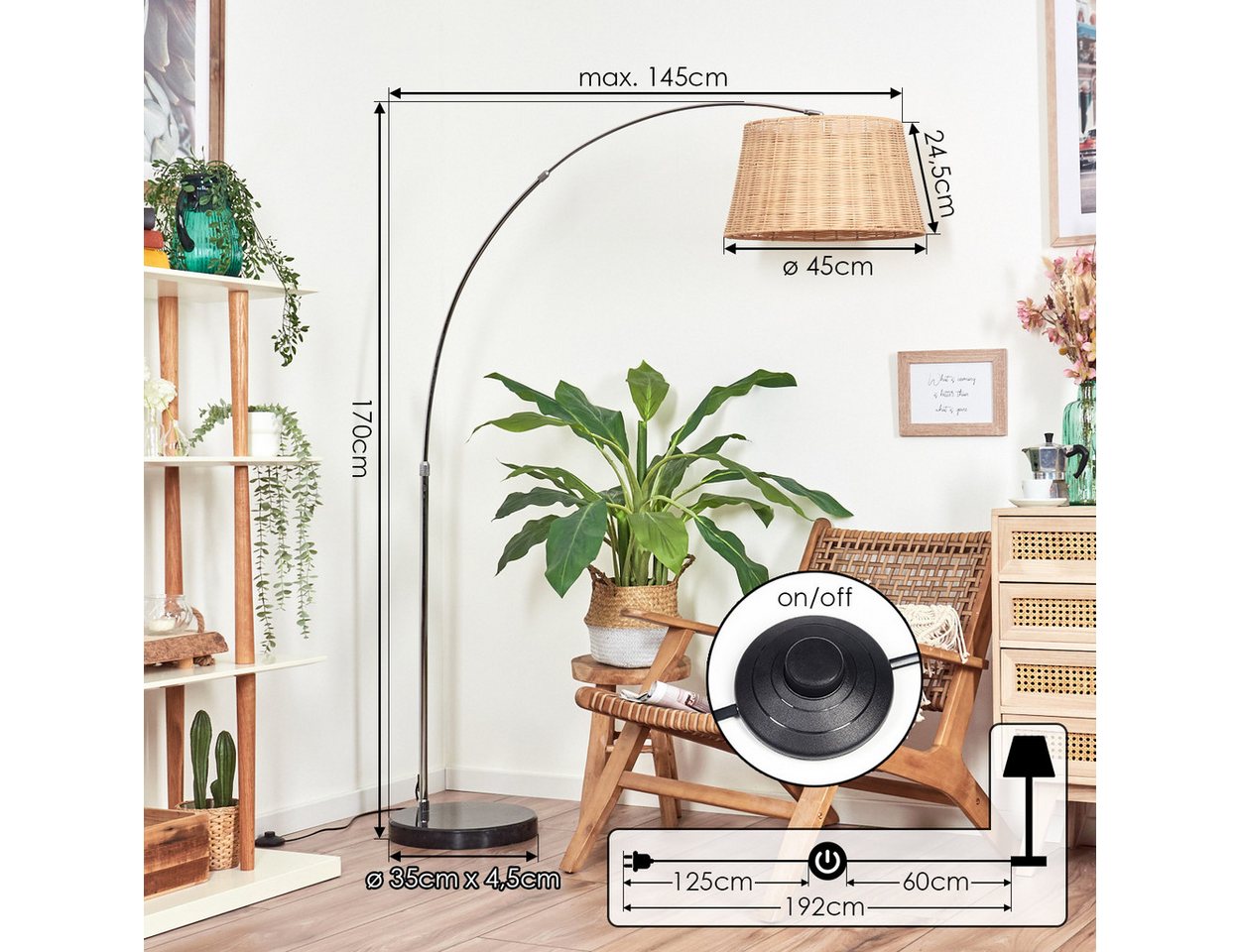 hofstein Bogenlampe Stehlampe aus Metall/Rattan in Schwarz/Chrom/Natur, Stehleuchte im Boho-Design mit Marmorfuß u. Fußschalter (45 cm), E27 Bild 5