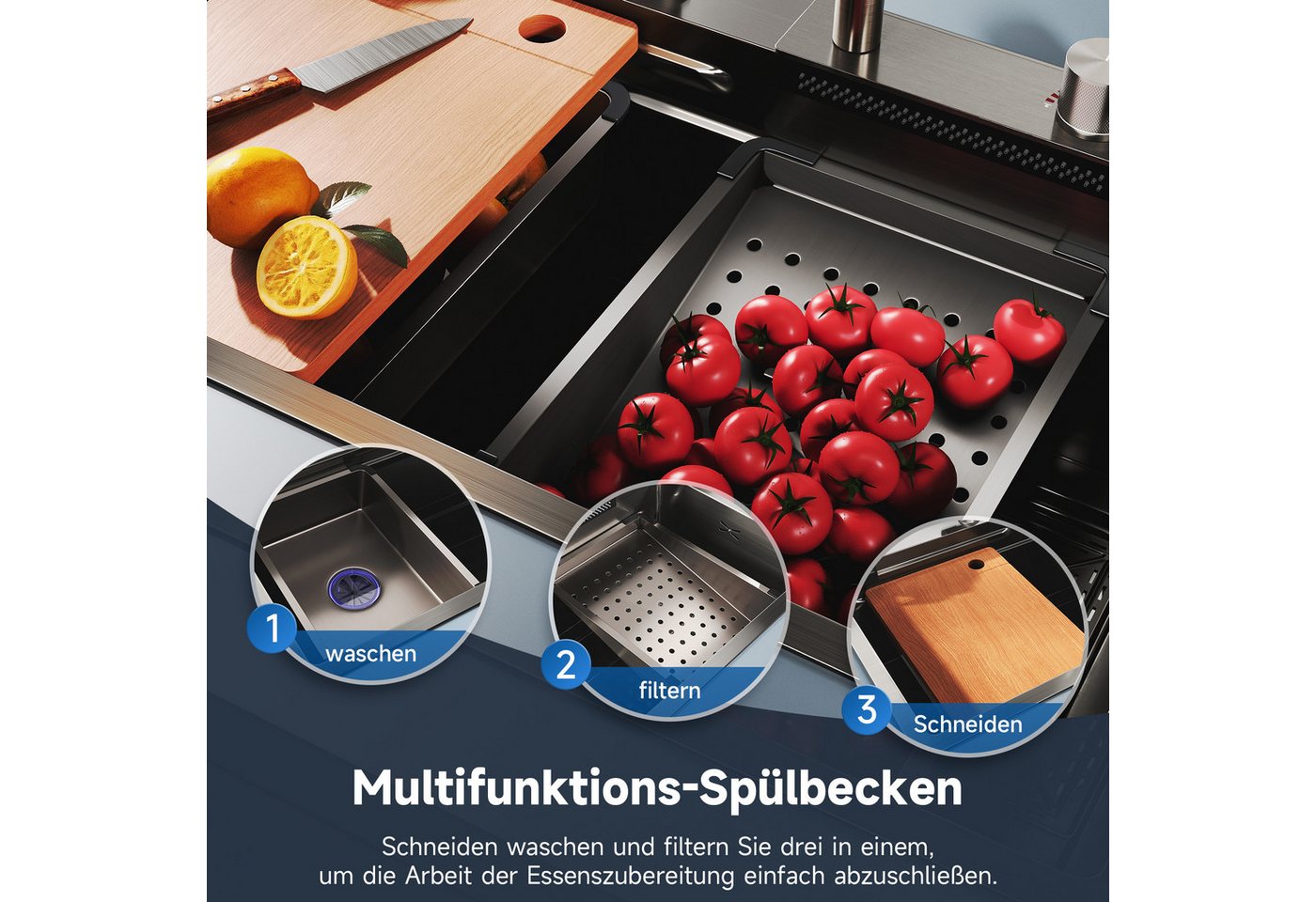 SONNI Küchenspüle Multifunktionale Küchenspüle, Edelstahl, zwei Größen, Rechteck, 45/80 cm, 75/45 cm, 80/45cm Delstahl Spülbecken Bild 4