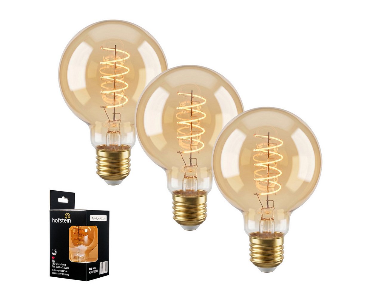 hofstein LED-Leuchtmittel 3er Set Glühbirne Extra Warmweiß dimmbar 6 Watt, 2200 Kelvin, 400 Lumen, Globe Vintage, Filament Spirale, Amber Bild 2