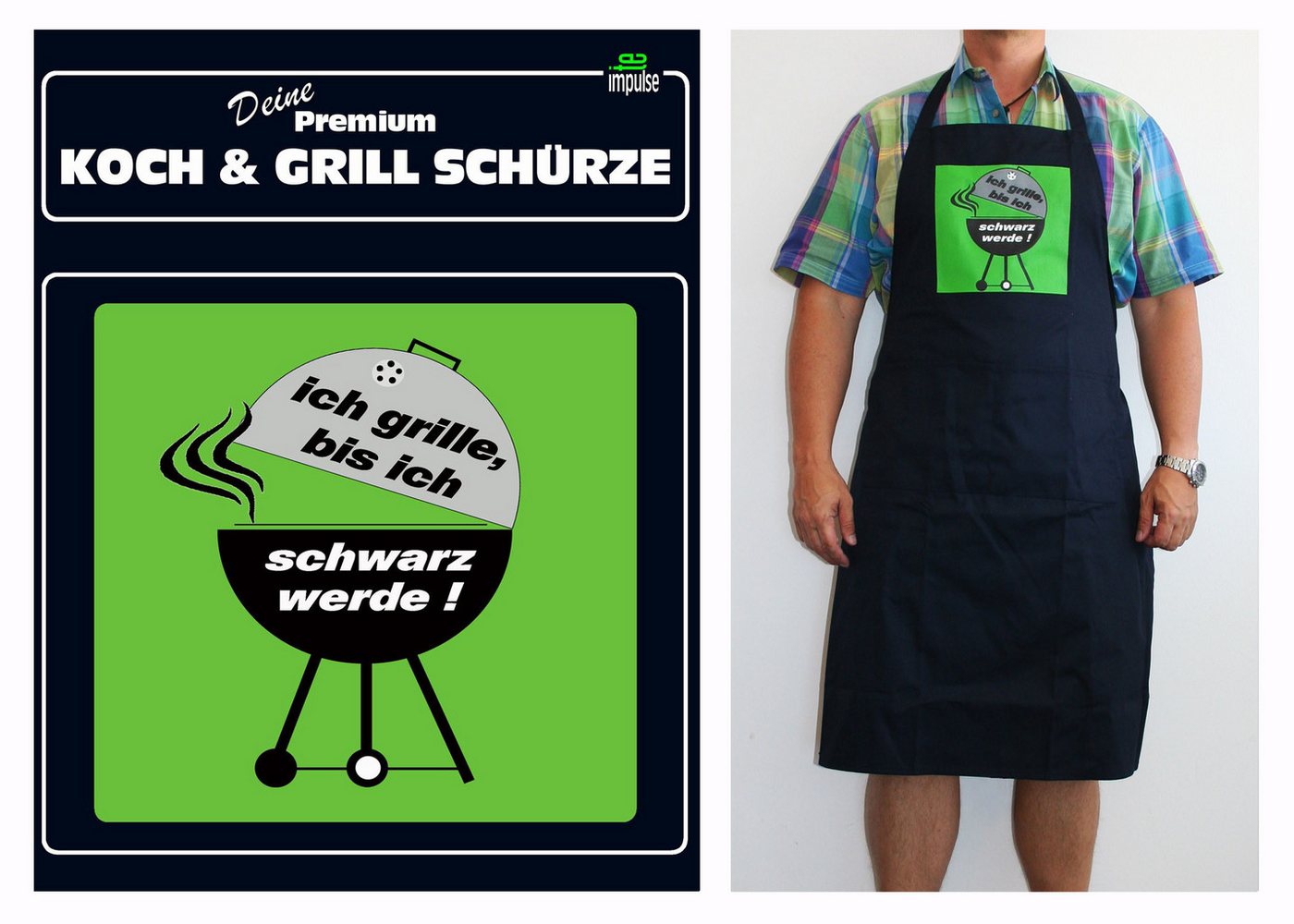 teprovo Grillschürze Kochschürze Schürze 116cm Ich grille bis ich schwarz werde, (1-tlg., integrierte Taschen), mit Motiv und Spruch
