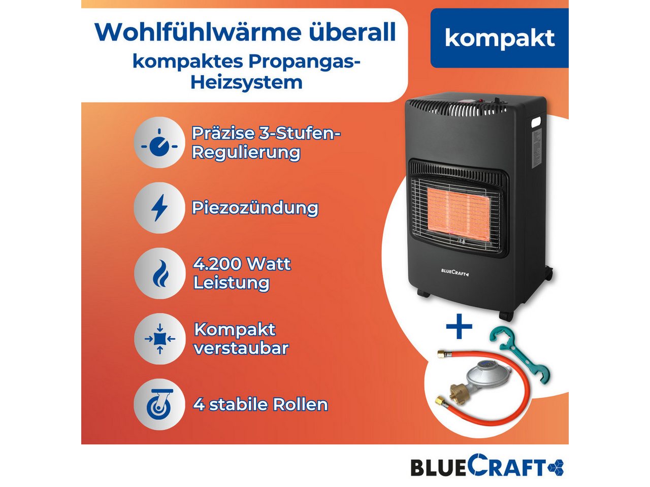 BlueCraft Heizstrahler PREMIUM Gasheizung Gasofen 4200 W Campingheizung Gas-Heizstrahler, 4200 W, 3-Stufen-Regulierung, Kompakt, Mobil, Mit Gasdruckregler + Schlauch Bild 3