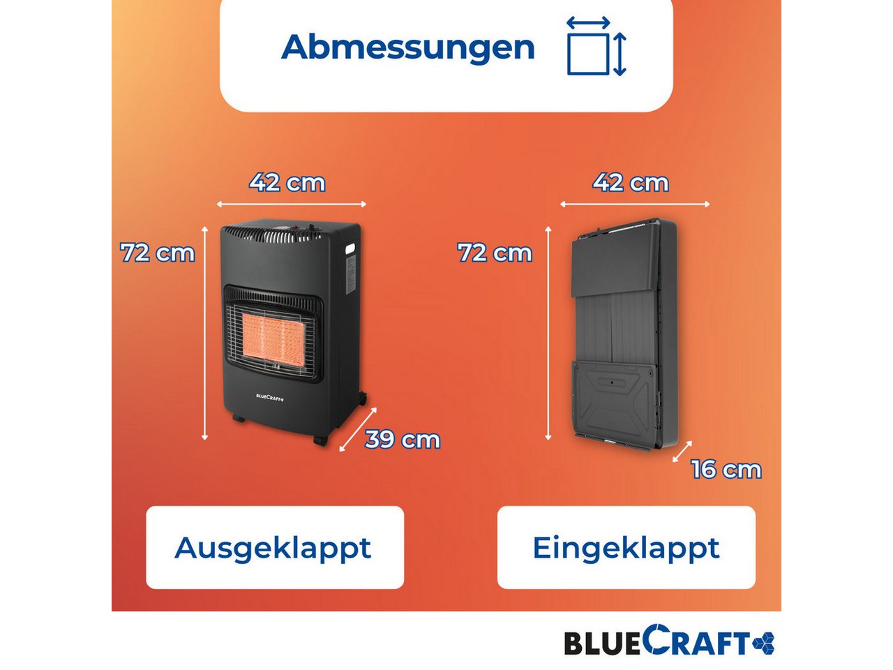 BlueCraft Heizstrahler PREMIUM Gasheizung Gasofen 4200 W Campingheizung Gas-Heizstrahler, 4200 W, 3-Stufen-Regulierung, Kompakt, Mobil, Mit Gasdruckregler + Schlauch Bild 4