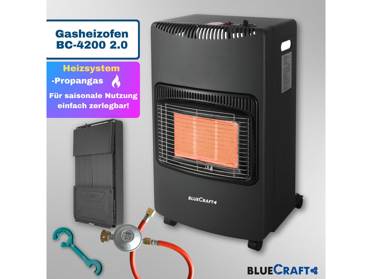 BlueCraft Heizstrahler PREMIUM Gasheizung Gasofen 4200 W Campingheizung Gas-Heizstrahler, 4200 W, 3-Stufen-Regulierung, Kompakt, Mobil, Mit Gasdruckregler + Schlauch Bild 5