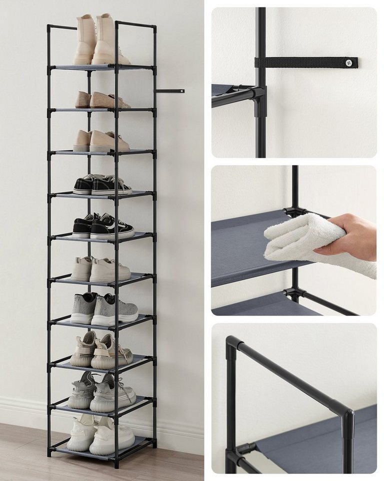 SONGMICS Schuhregal Schuhablage, 10 Ebenen, für 20 Paar Schuhe und Stiefel, 33 x 33 x 173 cm, für Flur, Schlafzimmer, schmal, Metallgestell Bild 2