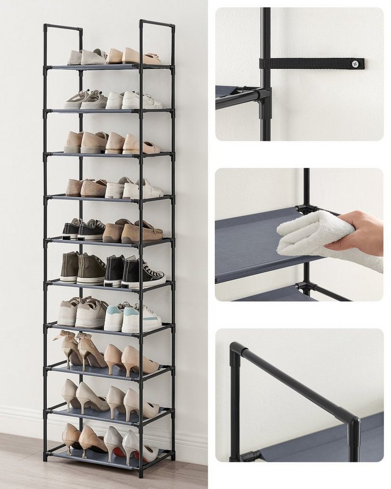 SONGMICS Schuhregal Schuhablage, 10 Ebenen, für 20 Paar Schuhe und Stiefel, 28 x 45 x 173 cm, für Flur, Schlafzimmer, schmal, Metallgestell Bild 5