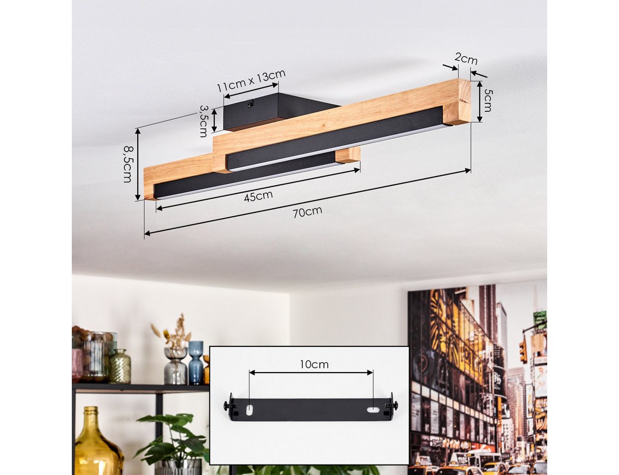 hofstein Deckenleuchte Deckenlampe aus Metall/Holz/Kunststoff in Schwarz/Naturfarben/Weiß, LED wechselbar, 774 Kelvin, skandinavisches Design, Länge 70 cm, 12 Watt, 1400 Lumen, 774 Kelvin