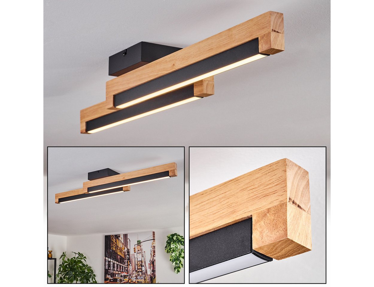 hofstein Deckenleuchte Deckenlampe aus Metall/Holz/Kunststoff in Schwarz/Naturfarben/Weiß, LED wechselbar, 774 Kelvin, skandinavisches Design, Länge 70 cm, 12 Watt, 1400 Lumen, 774 Kelvin Bild 2