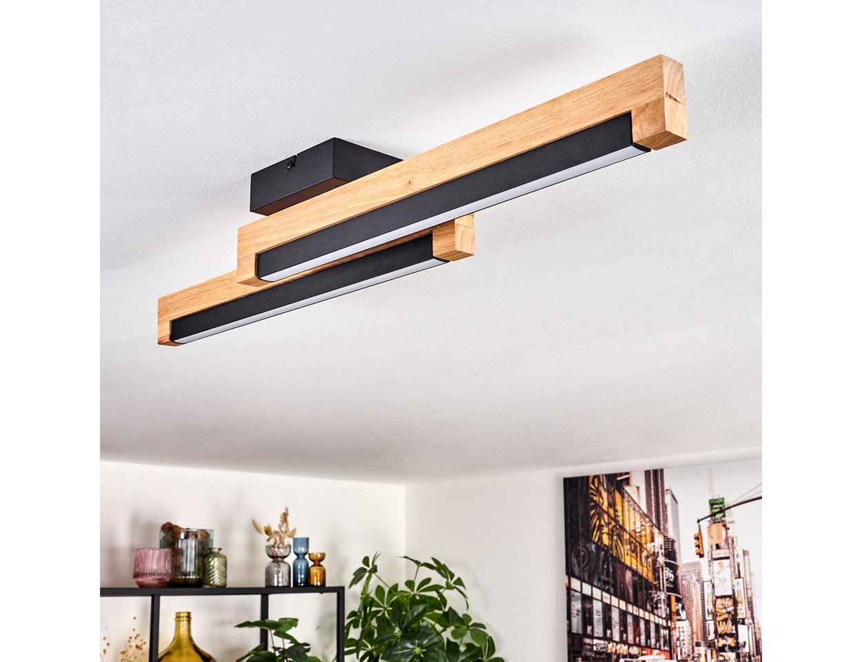 hofstein Deckenleuchte Deckenlampe aus Metall/Holz/Kunststoff in Schwarz/Naturfarben/Weiß, LED wechselbar, 774 Kelvin, skandinavisches Design, Länge 70 cm, 12 Watt, 1400 Lumen, 774 Kelvin Bild 4
