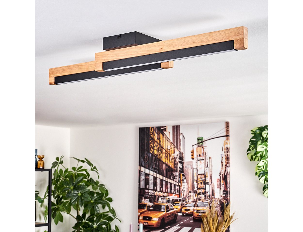 hofstein Deckenleuchte Deckenlampe aus Metall/Holz/Kunststoff in Schwarz/Naturfarben/Weiß, LED wechselbar, 774 Kelvin, skandinavisches Design, Länge 70 cm, 12 Watt, 1400 Lumen, 774 Kelvin Bild 5