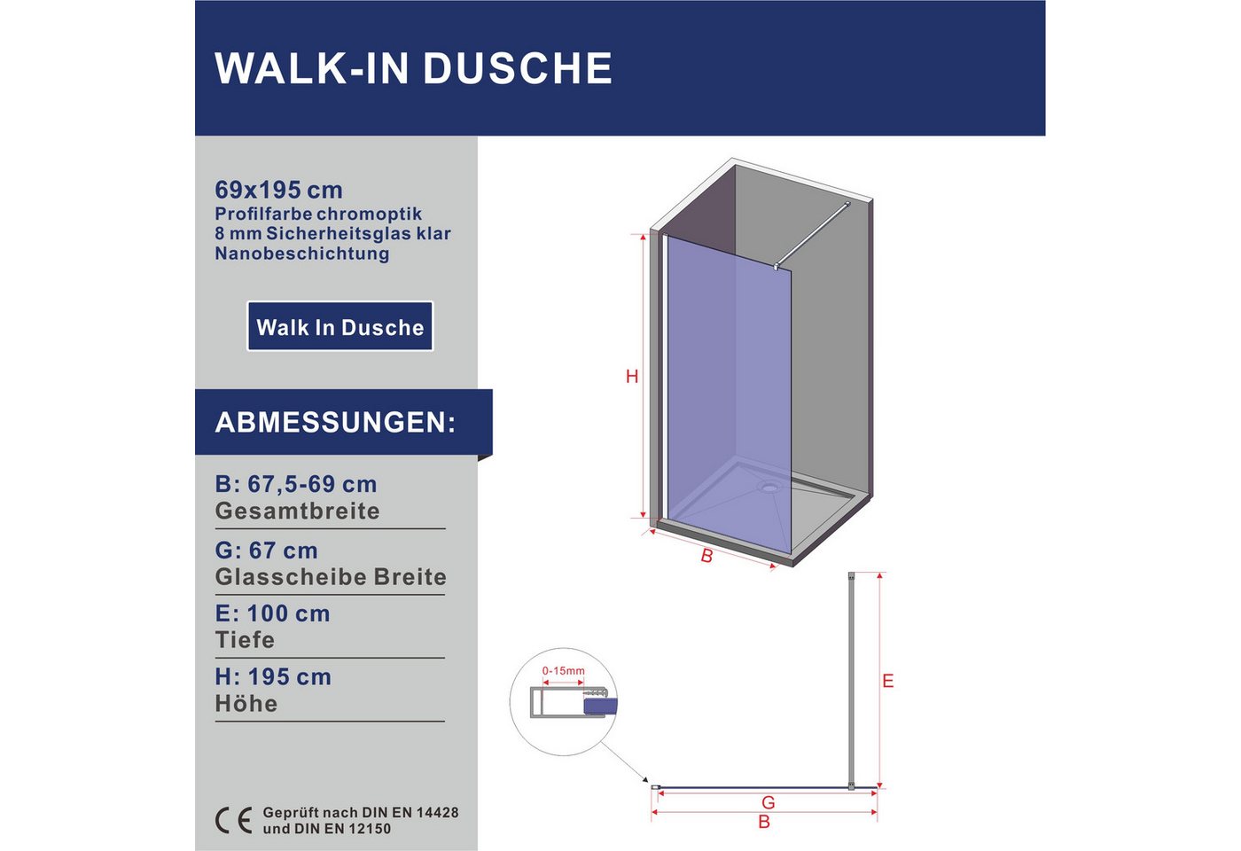 AQUABATOS Walk-in-Dusche Walk in Duschwand Duschabtrennung 8mm Glaswand für Dusche Duschkabine, Einscheibensicherheitsglas, Bad Trennwand Höhe 195 cm Duschtrennwand mit NANO Beschichtung Dusche Bild 5