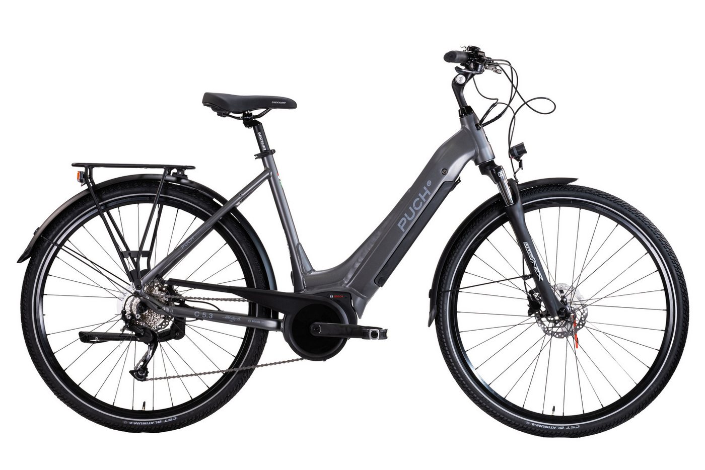 PUCH E-Bike Trekkingrad PUCH C5.3 ALIVIO / BOSCH 500 Wh 28" grau 9-Gänge, 9 Gang Shimano Alivio RDM3100 Schaltwerk, Kettenschaltung, Mittelmotor, 500 Wh, BOSCH PERFORMANCE LINE 36 V/250 W, Mittelmotor