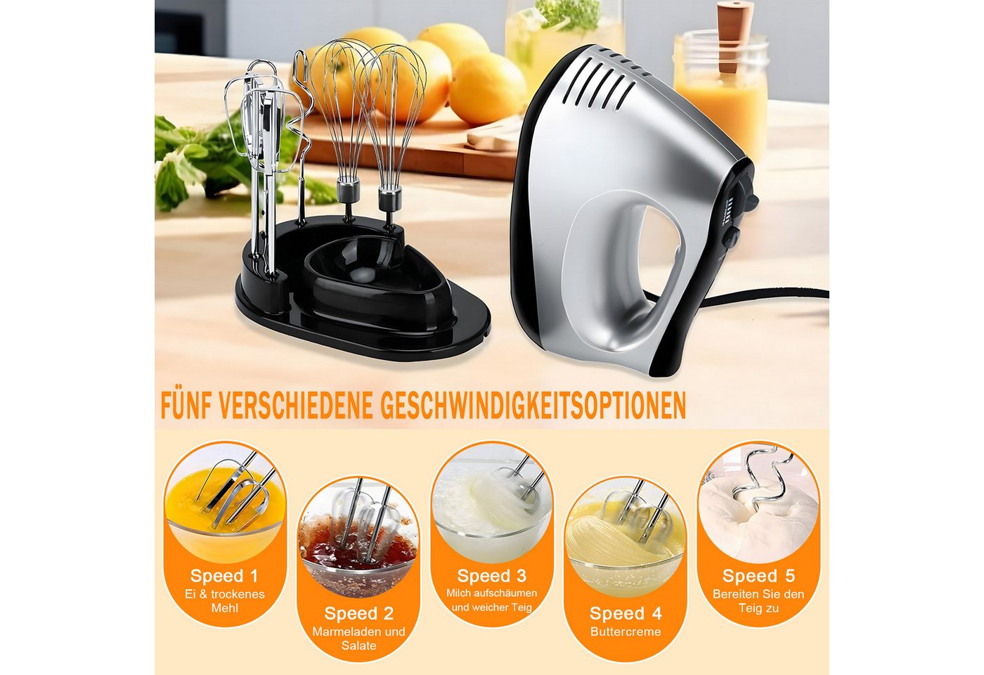AKKEE Handmixer Elektrisch 300W mit 5 Geschwindigkeiten & Turbinenfunktion Inkl., 300 W, 2 Quirlen, 2 Knethaken