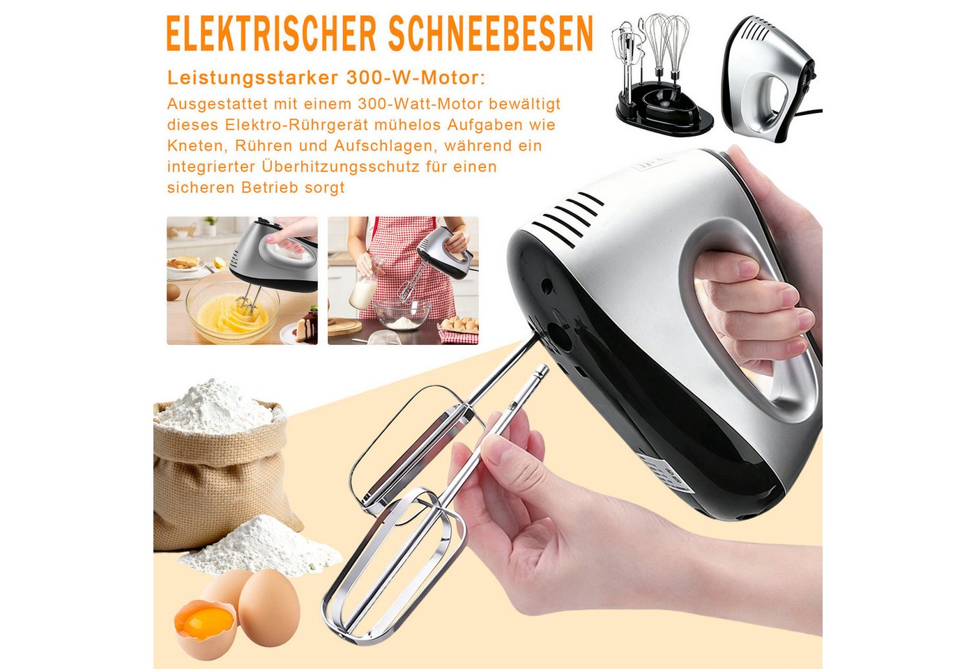 AKKEE Handmixer Elektrisch 300W mit 5 Geschwindigkeiten & Turbinenfunktion Inkl., 300 W, 2 Quirlen, 2 Knethaken Bild 2
