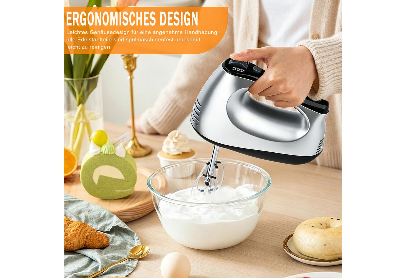 AKKEE Handmixer Elektrisch 300W mit 5 Geschwindigkeiten & Turbinenfunktion Inkl., 300 W, 2 Quirlen, 2 Knethaken Bild 3