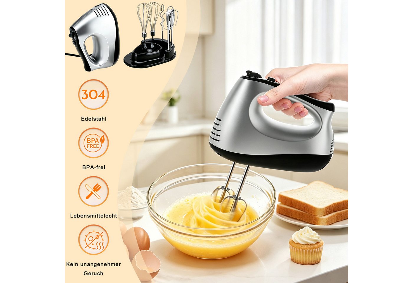 AKKEE Handmixer Elektrisch 300W mit 5 Geschwindigkeiten & Turbinenfunktion Inkl., 300 W, 2 Quirlen, 2 Knethaken Bild 4