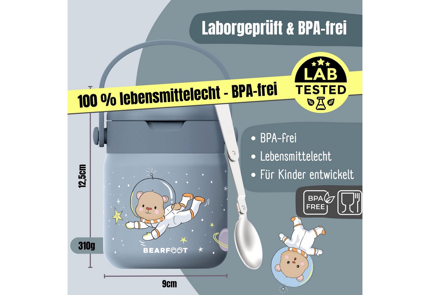 BEARFOOT Trinkflasche Thermobehälter Kinder Edelstahl - Astro Bär blau, Thermobehälter, auslaufsicher, Edelstahl, Food jar, BPA-frei Bild 2