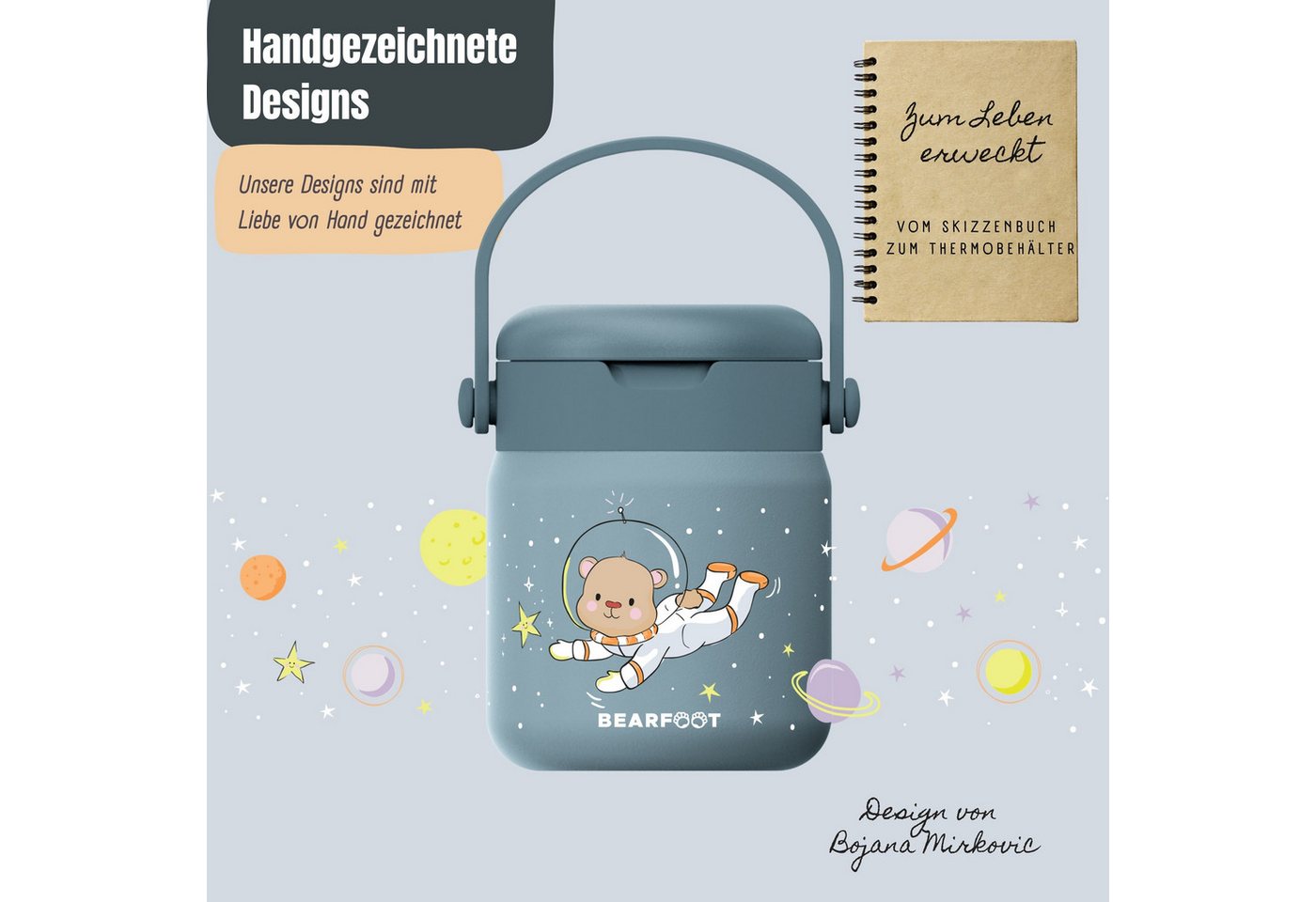 BEARFOOT Trinkflasche Thermobehälter Kinder Edelstahl - Astro Bär blau, Thermobehälter, auslaufsicher, Edelstahl, Food jar, BPA-frei Bild 3
