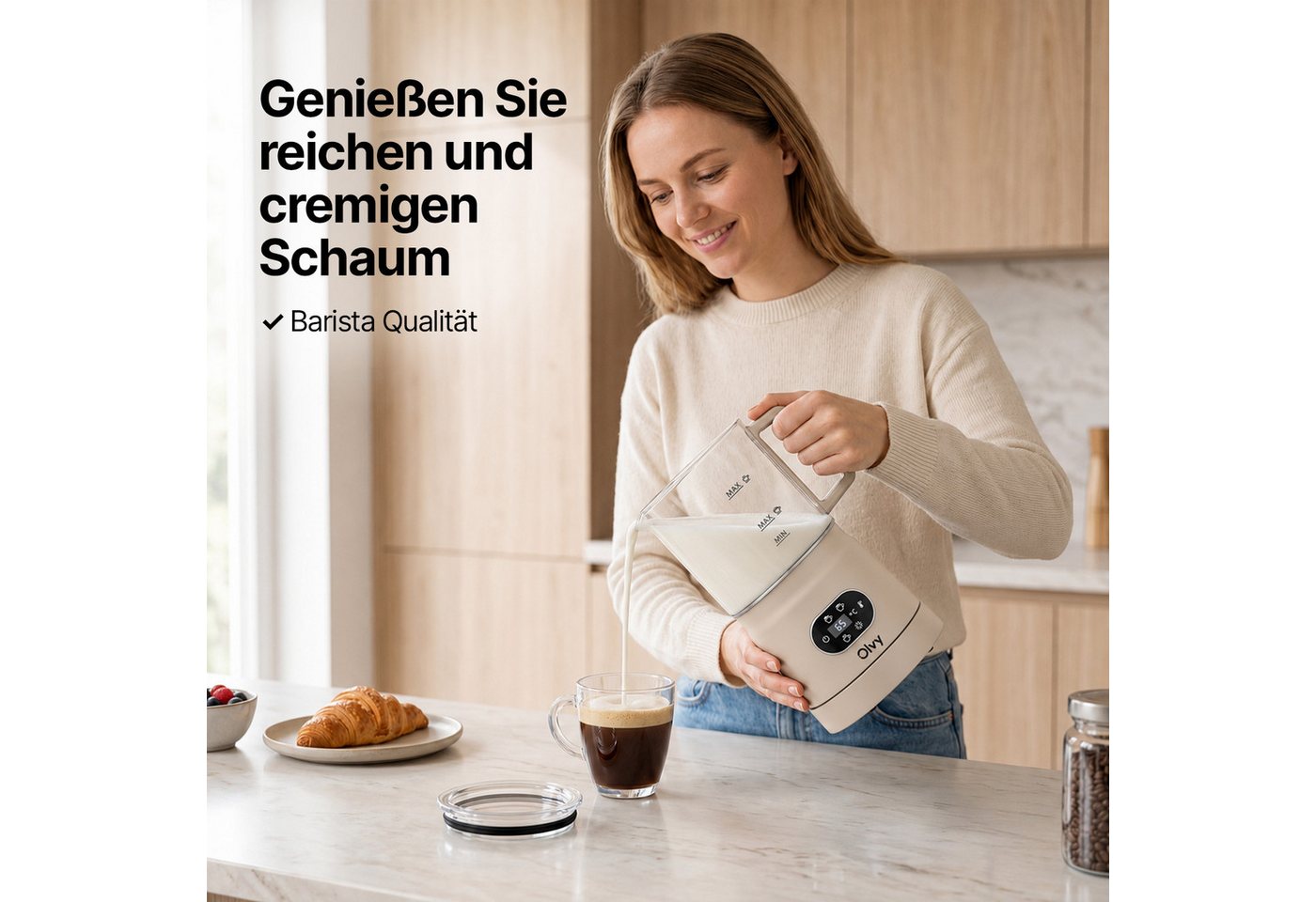 Olvy Milchaufschäumer Olvy Elektrischer Milchaufschäumer aus Glas 4-in-1, 500 W