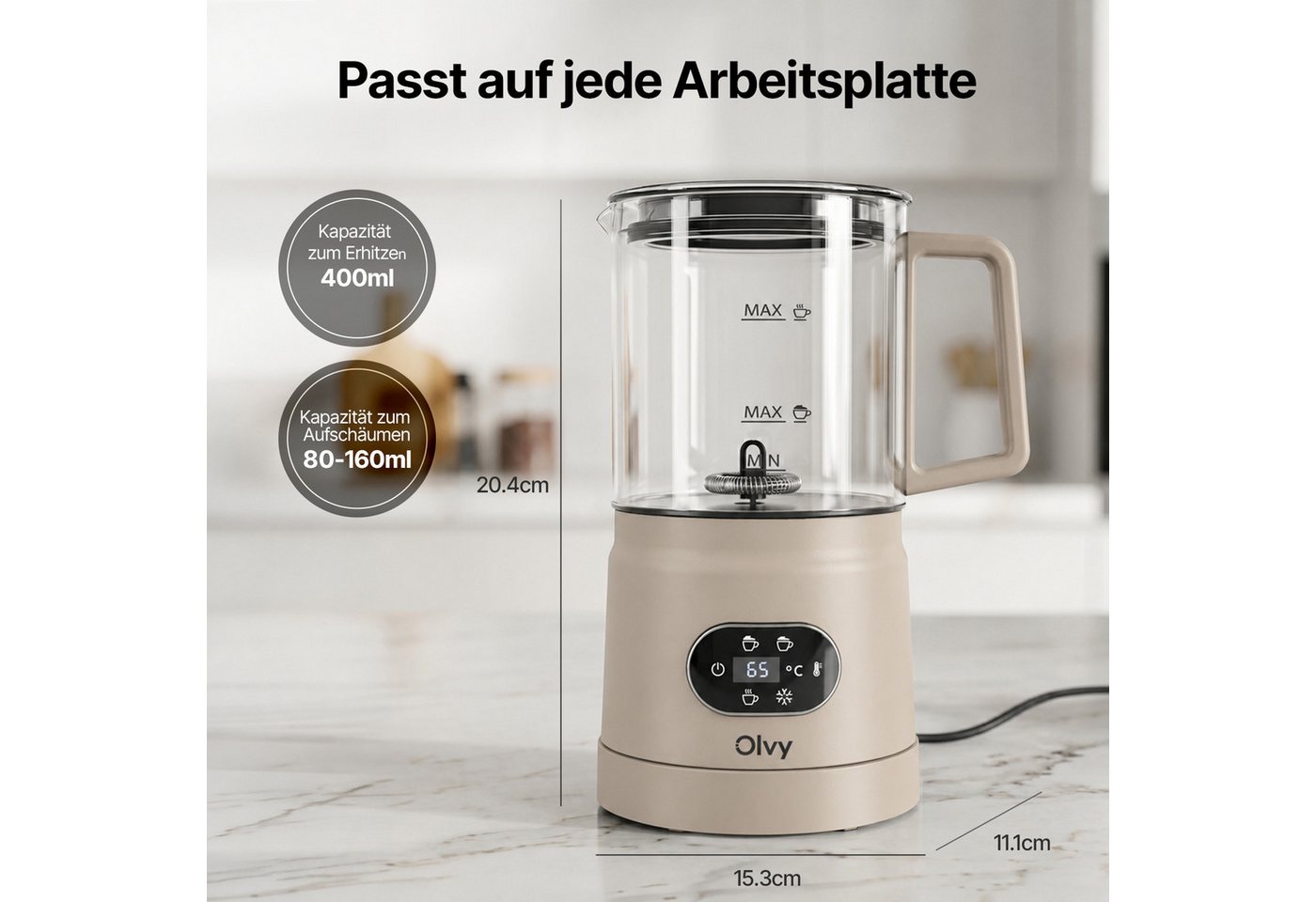 Olvy Milchaufschäumer Olvy Elektrischer Milchaufschäumer aus Glas 4-in-1, 500 W Bild 3