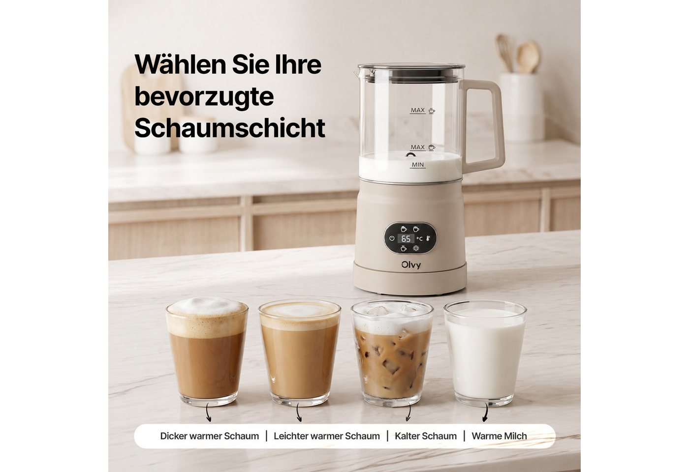 Olvy Milchaufschäumer Olvy Elektrischer Milchaufschäumer aus Glas 4-in-1, 500 W Bild 4