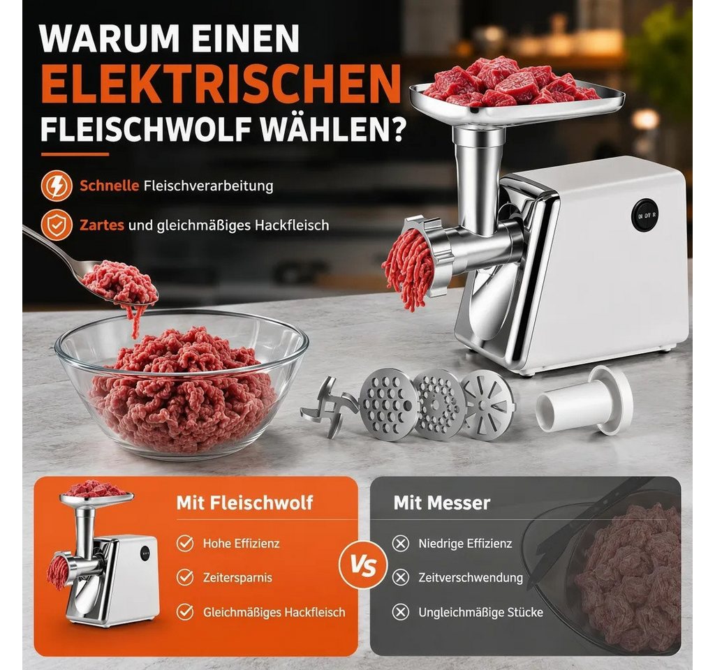 ANTCOOL Fleischwolf Elektrischer Fleischwolf 2800W, 3in1 Wurst, 3 Lochscheiben, 4 Klingen, 2800 W Bild 2