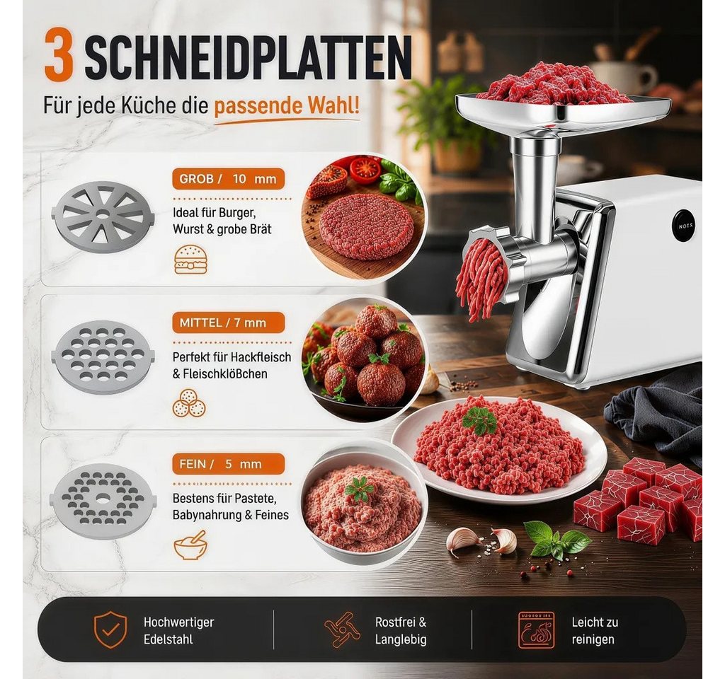 ANTCOOL Fleischwolf Elektrischer Fleischwolf 2800W, 3in1 Wurst, 3 Lochscheiben, 4 Klingen, 2800 W Bild 4