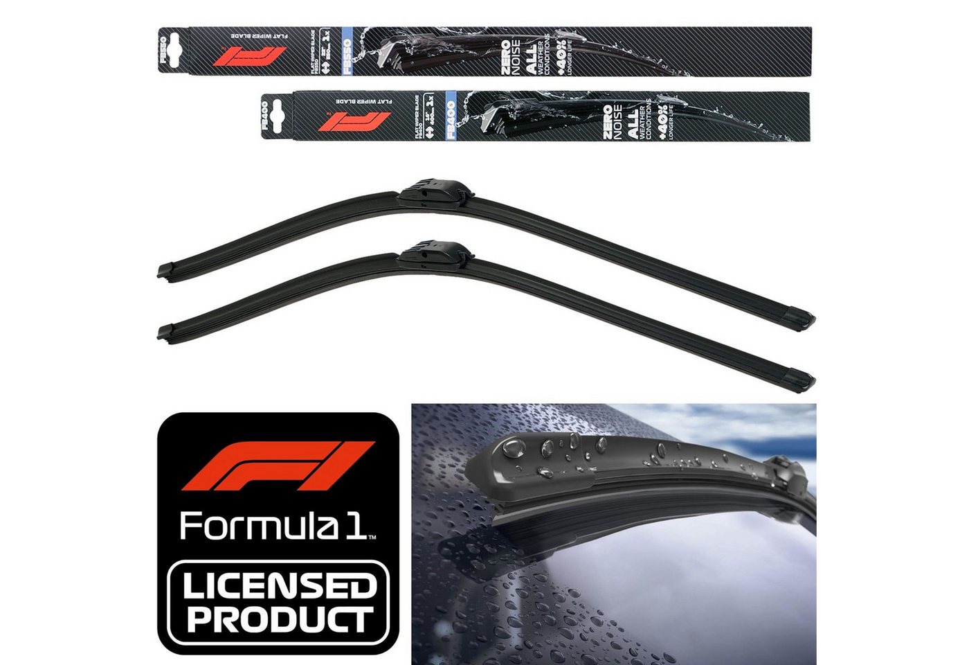 Formula 1 Scheibenwischblätter Set F1 Wischerblatt 550mm + 400mm Scheibenwischer, vorne, (Packung, 2-St), Set Flachbalkenwischer Spoiler Multi Adapter-System Fahrer Beifahrer