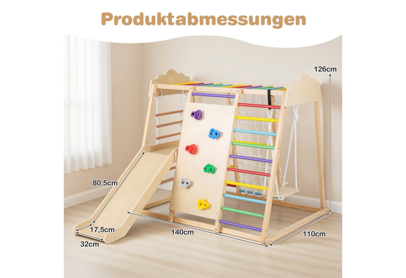 COSTWAY Klettergerüst, 8 in 1 hölzerne Kletterdreieck mit Rutsche & Schaukel, indoor