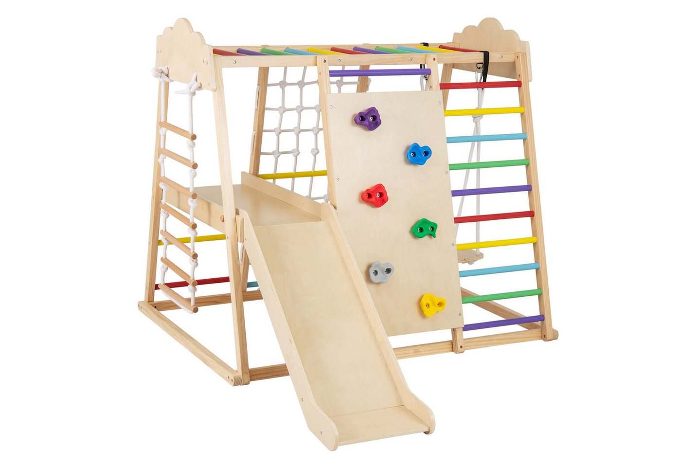 COSTWAY Klettergerüst, 8 in 1 hölzerne Kletterdreieck mit Rutsche & Schaukel, indoor Bild 2