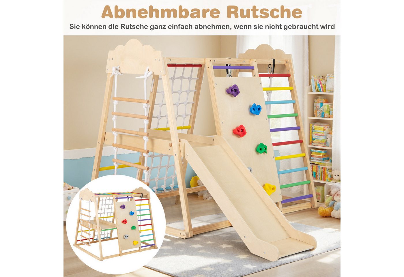 COSTWAY Klettergerüst, 8 in 1 hölzerne Kletterdreieck mit Rutsche & Schaukel, indoor Bild 4