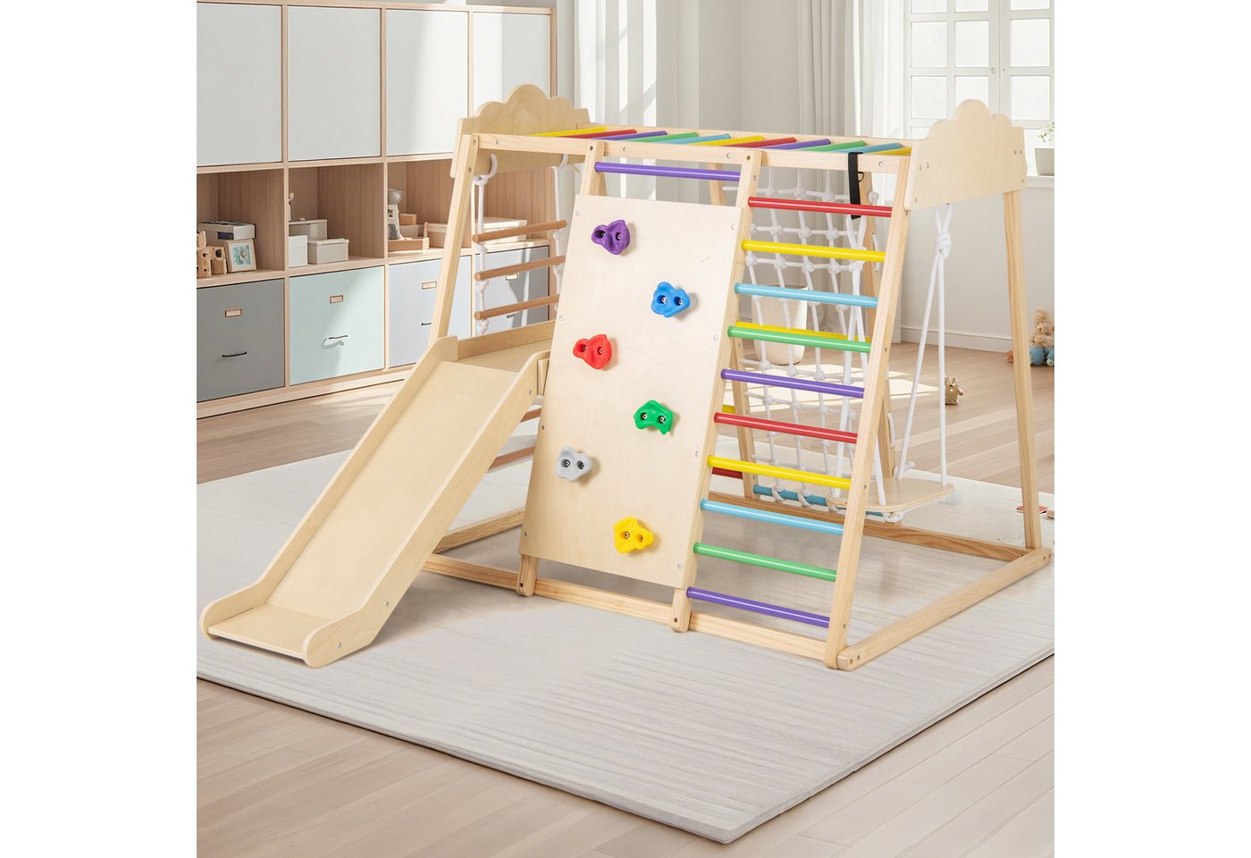 COSTWAY Klettergerüst, 8 in 1 hölzerne Kletterdreieck mit Rutsche & Schaukel, indoor Bild 5