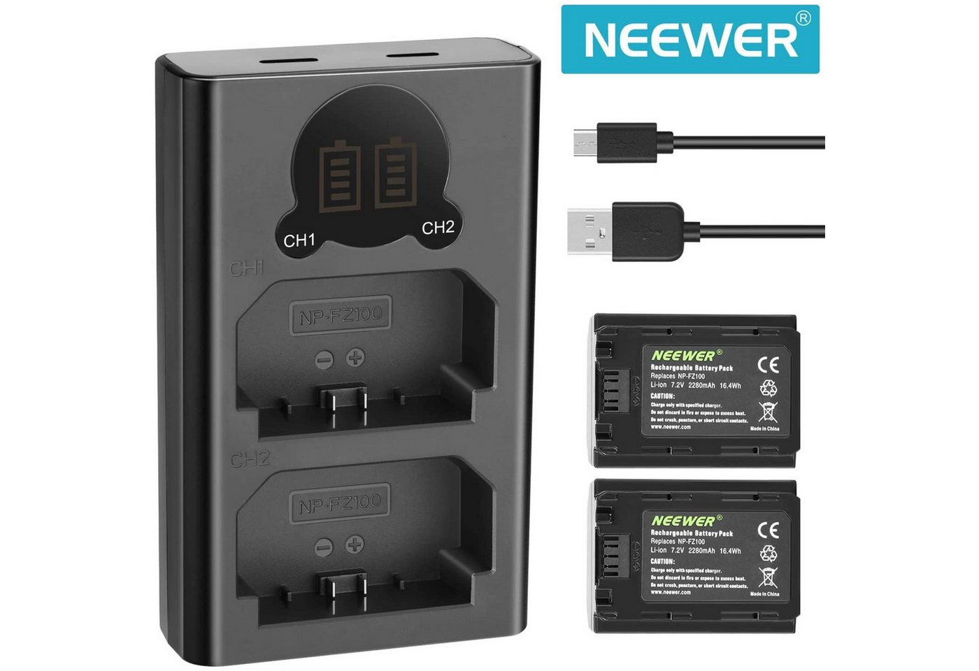 Neewer 2er Pack NP-FZ100 Ersatzakku 2280 mAh und Dual Slot Ladegerät für Sony Kamera-Akku 2280 mAh, kompatibel mit A9 III/II, A7R A7 A7C, ZV-E1, ZV-E10 II, FX3, FX30 usw. Bild 3