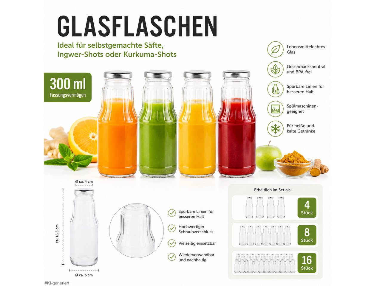 steinwohn Trinkflasche Glasflaschen 300 ml mit Schraubverschluss – 4, 8 oder 16 Stück, Saftflaschen aus Glas – Trinkflaschen für Shots, Smoothies & Säfte