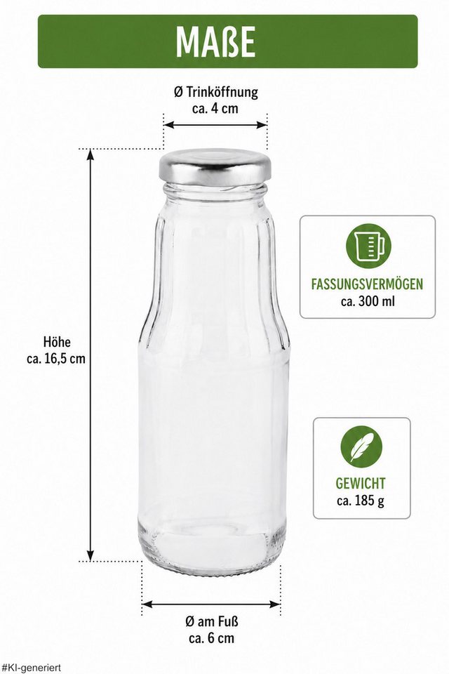 steinwohn Trinkflasche Glasflaschen 300 ml mit Schraubverschluss – 4, 8 oder 16 Stück, Saftflaschen aus Glas – Trinkflaschen für Shots, Smoothies & Säfte Bild 4