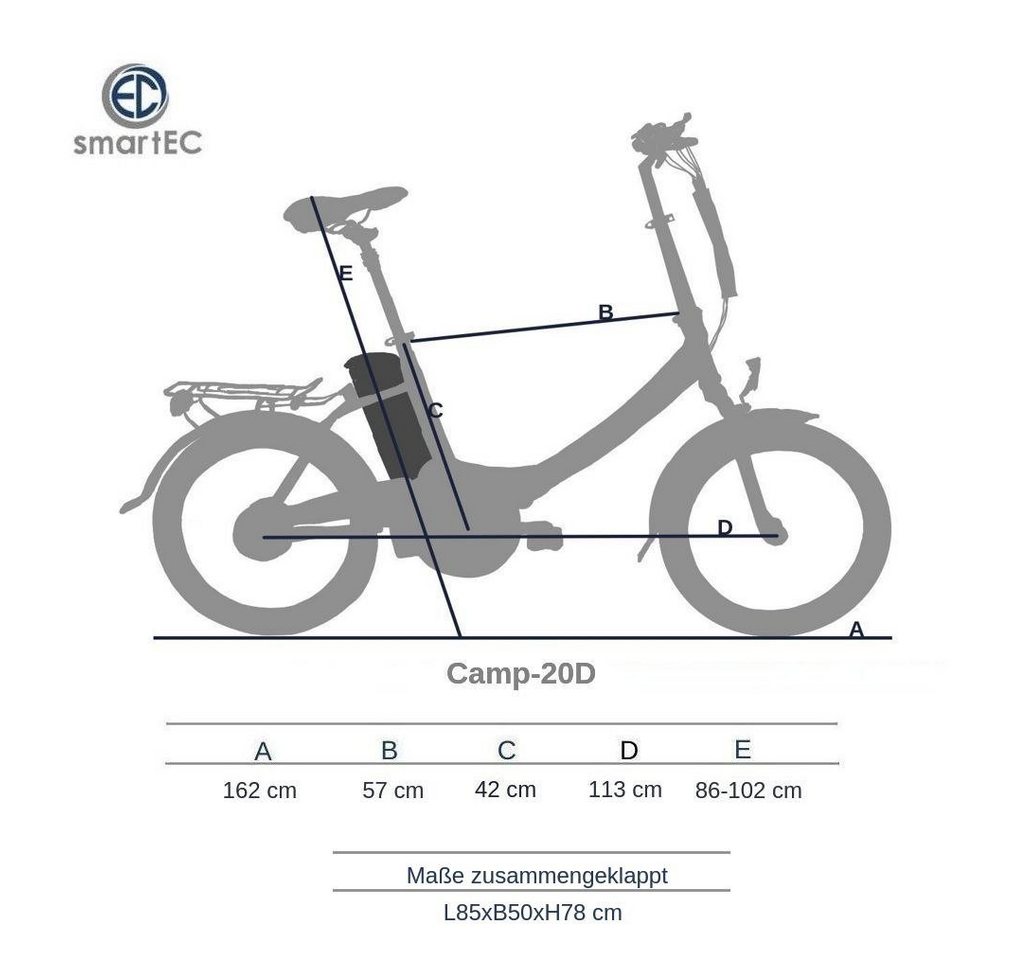smartEC E-Bike Klapprad Camp-20D, 7 Gang Shimano, Kettenschaltung, Hinterrad-Nabenmotor, 562,00 Wh, (2er Set), E-Klapprad Li-Ion-Akku 36V/15,6AH bis 25 km/h Anfahrhilfe 7 Gänge Bild 2