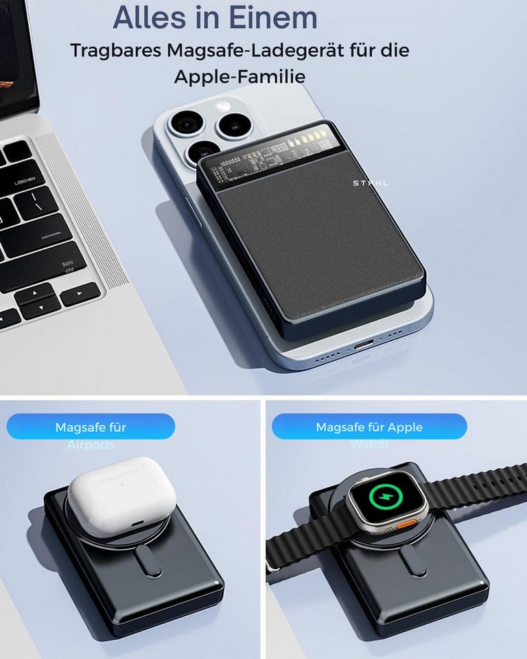 KPON MagSafe Powerbank 10000mAh mit Schnellladefunktion, 20W USB-C PD Powerbank 10000 mAh, Magnetisches kabelloses Ladegerät mit klappbarem Ständer Bild 5
