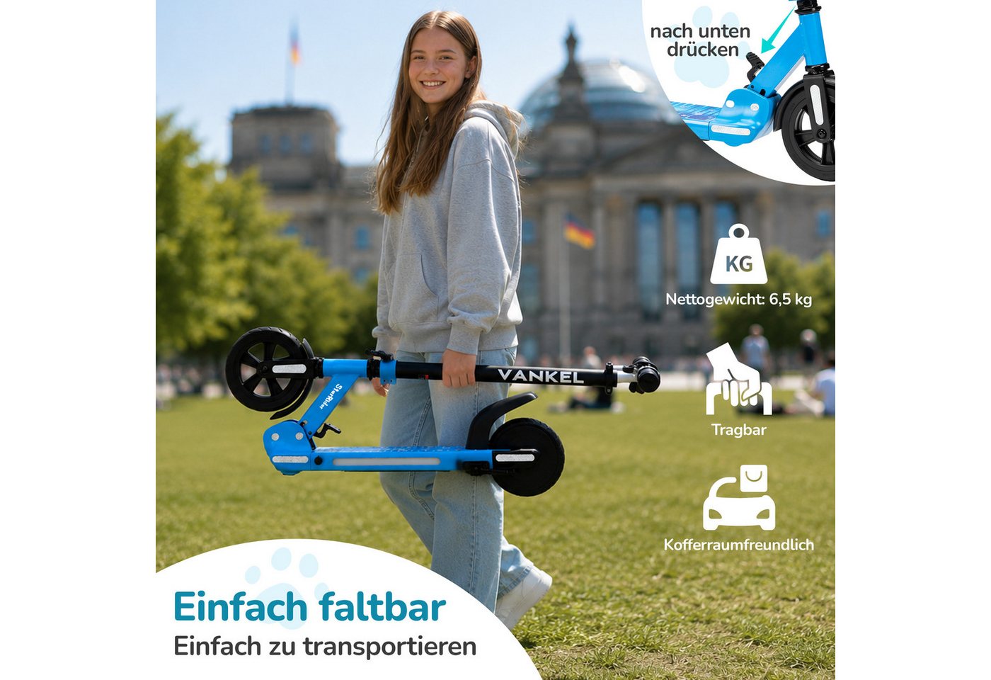Vankel E-Scooter Kinder E-Scooter ab 6 Jahren, klappbar, höhenverstellbar, bis 14 km/h, 150 W, (für Jungen und Mädchen, max. 50kg, faltbar, Aluminiumrahmen), Luftfahrt-Alu, 6-Zoll-Pannenschutzreifen, bis 50 kg, LED & Reflektor Bild 5