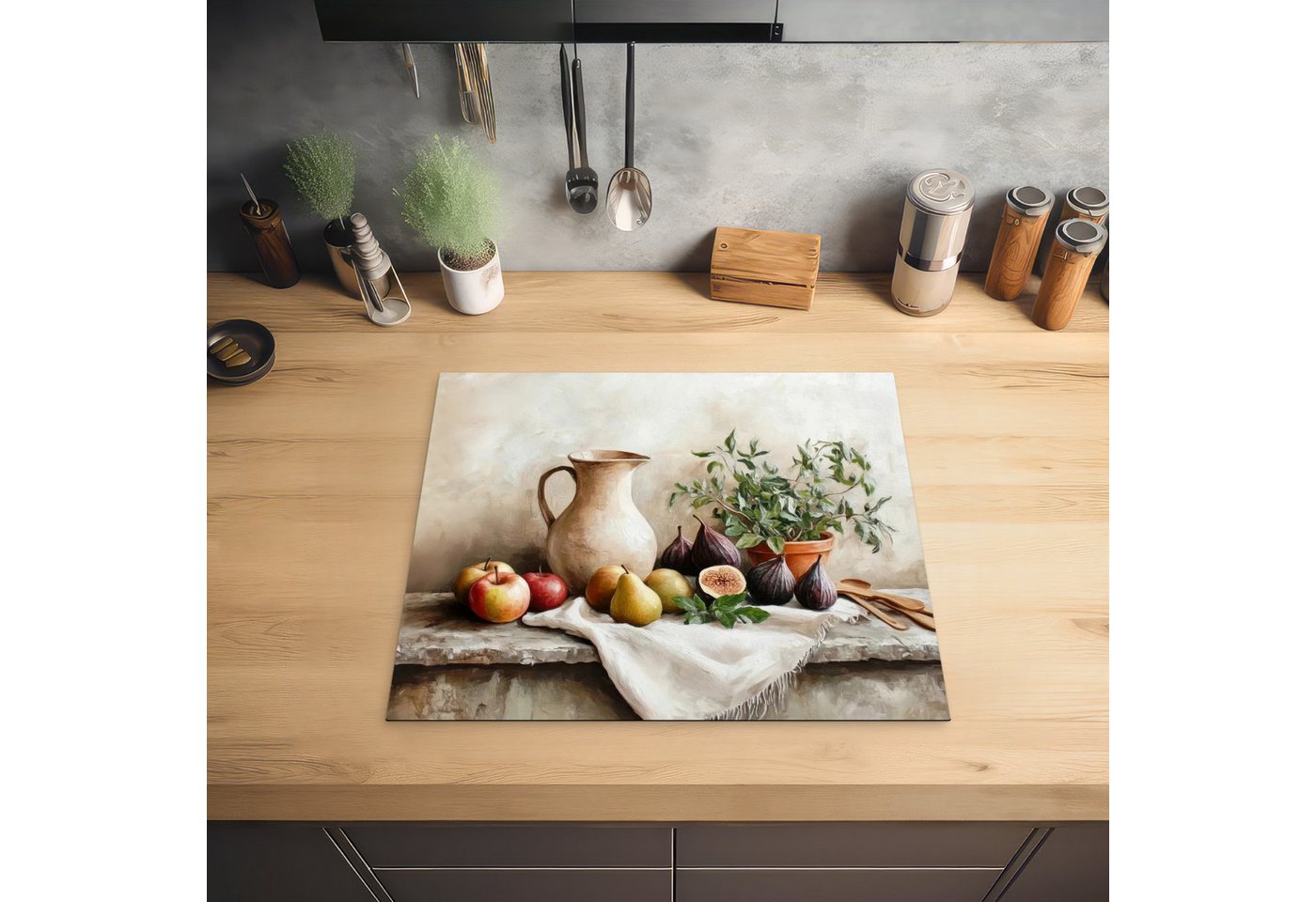 MuchoWow Herd-Abdeckplatte Obst - Kräuter - Ländlich, Vinyl, (1 tlg), Ceranfeldabdeckung Küche, Herdabdeckplatte Einteilig, 60x52 cm