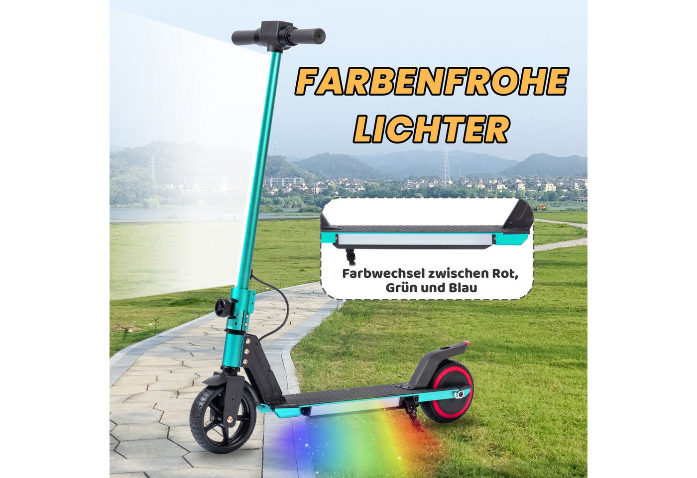 Vankel Cityroller Kinderroller ab 6 jahren, 10km, mit LED Leuchten, klappbar, Tretroller, 150 W, 14 km/h, (EBS+Fußbremse, bis 80kg, klappbare Aluminiumrahmen), Escooter für Kinder, nur 6,5kg, faltbar, für 130-160 cm