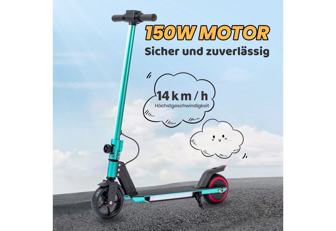 Vankel Cityroller Kinderroller ab 6 jahren, 10km, mit LED Leuchten, klappbar, Tretroller, 150 W, 14 km/h, (EBS+Fußbremse, bis 80kg, klappbare Aluminiumrahmen), Escooter für Kinder, nur 6,5kg, faltbar, für 130-160 cm Bild 5