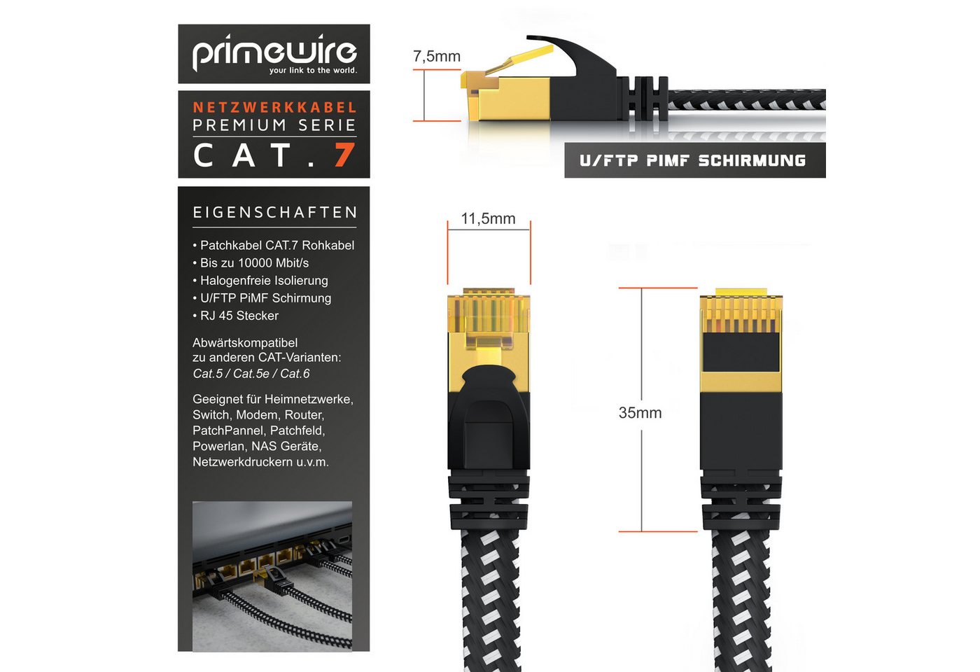 Primewire Patchkabel flach CAT 7, Baumwollmantel, Flachband Netzwerkkabel - 20m LAN-Kabel, CAT.7, RJ-45 (Ethernet) (2000 cm), für Router, Modem, Switch, PC, ideal für Gaming, Streaming, Homeoffice Bild 4
