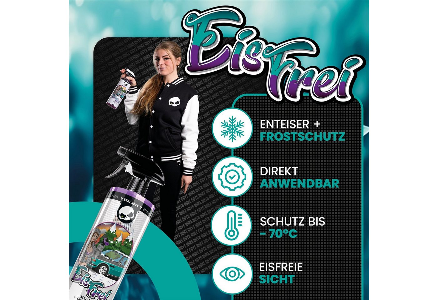 Nuke Guys Scheibenfrostschutz Enteiserspray Auto Scheibenenteiser Nuke Guys EisFrei 1L, bis -70 °C, 1 l, Klare Sicht im Winter ohne Scheiben Kratzen