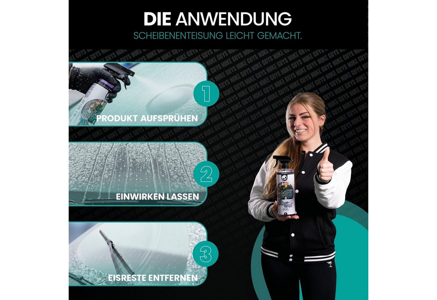 Nuke Guys Scheibenfrostschutz Enteiserspray Auto Scheibenenteiser Nuke Guys EisFrei 1L, bis -70 °C, 1 l, Klare Sicht im Winter ohne Scheiben Kratzen Bild 5