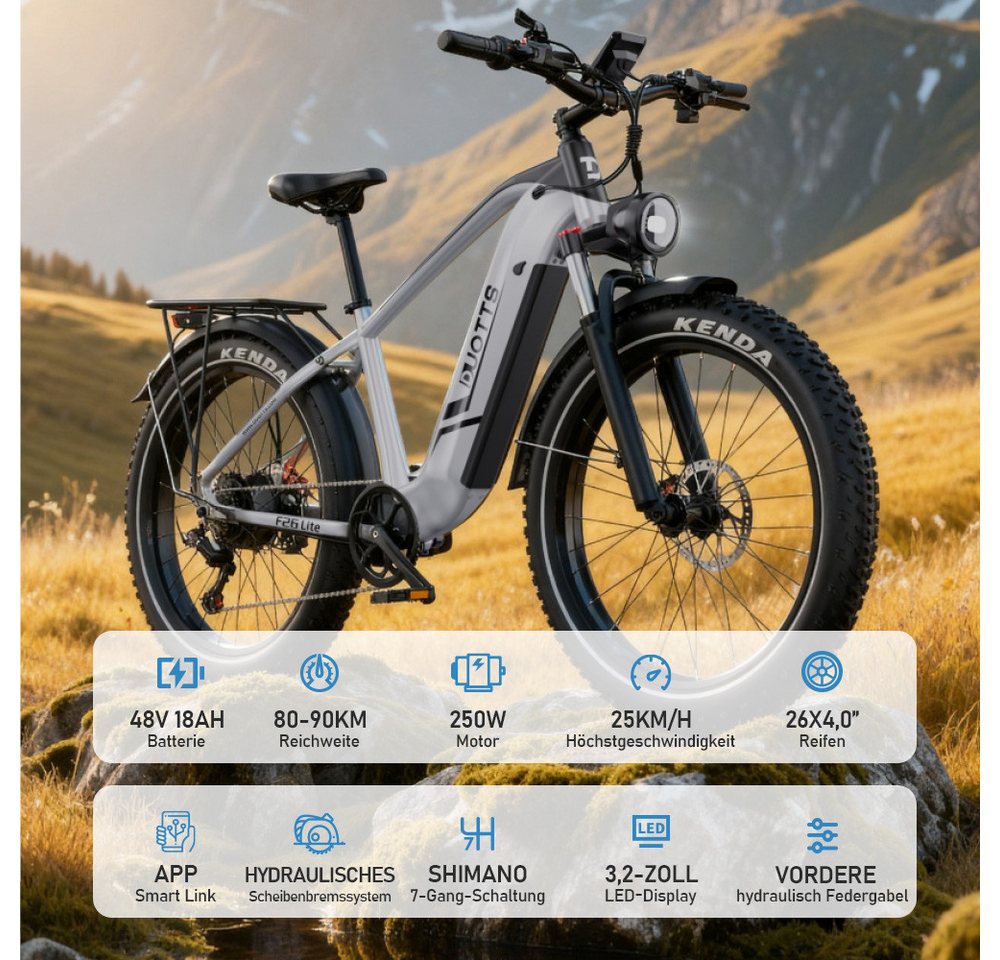 DUOTTS E-Bike Cityrad F26lite Pedelec Damen u. Herren 48V 864Wh 100km 26x4,0 Elektrisches, 7 Gang Shimano Schaltwerk, Kettenschaltung, Heckmotor, 864 Wh, Fat-Tire E-Mountainbike Bild 5