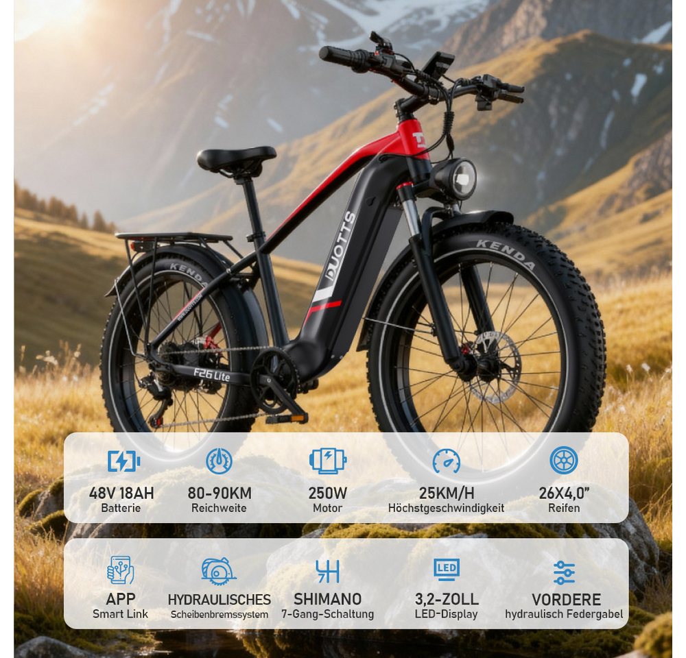DUOTTS E-Bike Cityrad F26lite Pedelec Damen u. Herren 864Wh 26x4,0 Zoll 100km Elektrisches, 7 Gang Shimano Schaltwerk, Kettenschaltung, Heckmotor, 864 Wh, Fat-Tire E-Mountainbike Bild 3