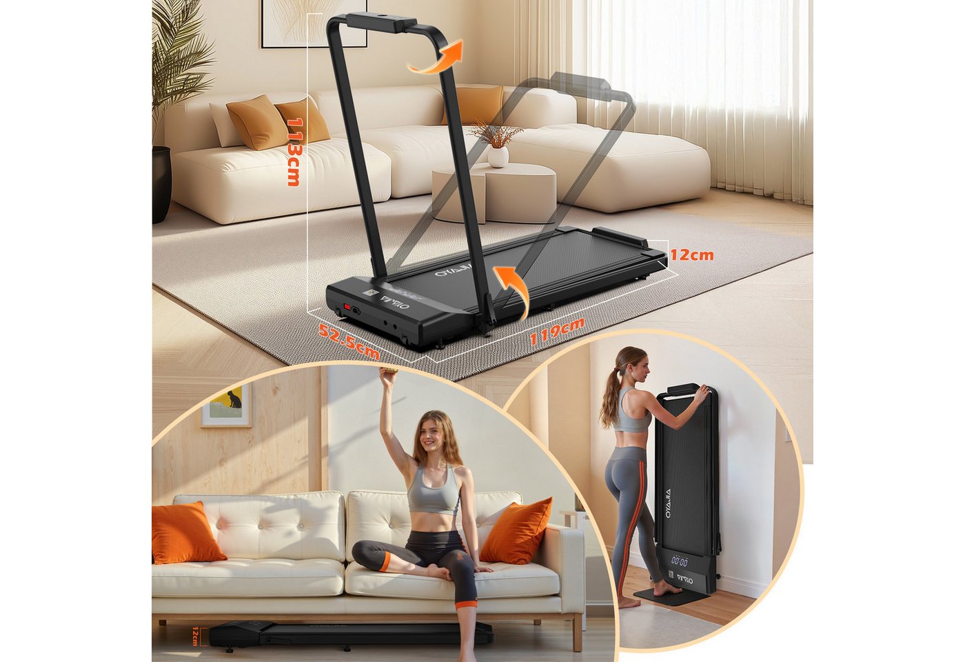 kehot Laufband Laufband klappbar bis 120kg – Fitnessgerät mit Bluetooth & LED (Nur 12,2 cm flach zur platzsparenden Aufbewahrung, Bluetooth und LED-Display für das Training zu Hause), Bis 120 kg belastbar, mit Sicherheitsschlüssel Bild 2