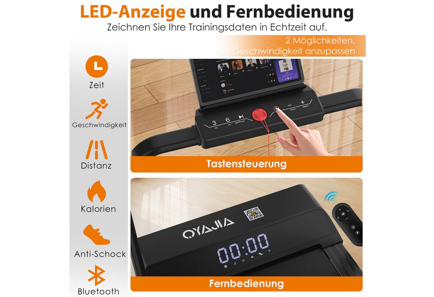 kehot Laufband Laufband klappbar bis 120kg – Fitnessgerät mit Bluetooth & LED (Nur 12,2 cm flach zur platzsparenden Aufbewahrung, Bluetooth und LED-Display für das Training zu Hause), Bis 120 kg belastbar, mit Sicherheitsschlüssel Bild 3