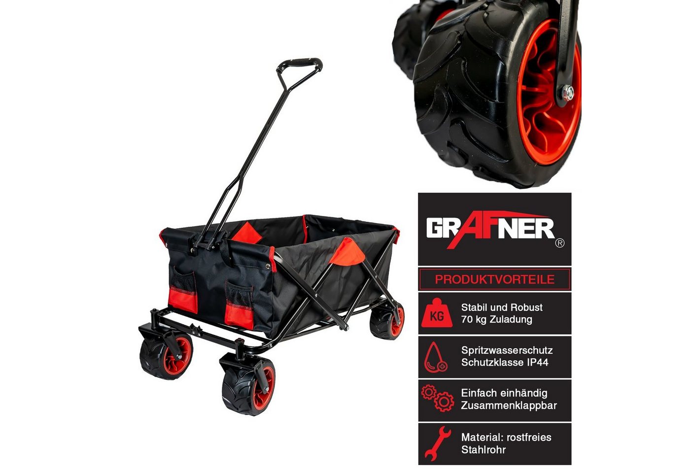 Grafner Bollerwagen Bollerwagen Offroad faltbar schwarz/rot Handwagen Klappbar (Stk, 1), herausnehmbare Plane, max. 70kg Ladegewicht Bild 5